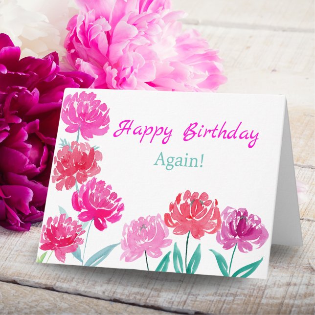 Peonies Watercolor Happy Birthday Again! Card (Creator Uploaded)