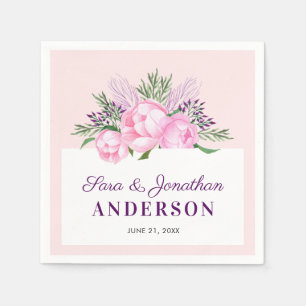 Peonies Watercolor Pink Wedding Paper Napkins