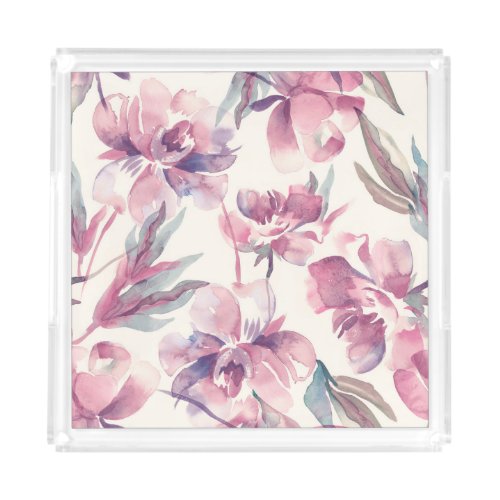 Peonies watercolor seamless floral background acrylic tray