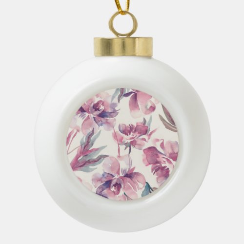 Peonies watercolor seamless floral background ceramic ball christmas ornament