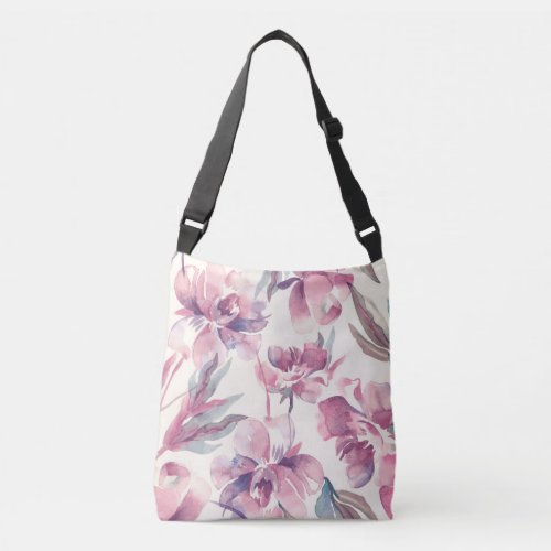 Peonies watercolor seamless floral background crossbody bag