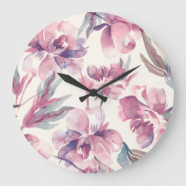 Peonies watercolor: seamless floral background. large clock