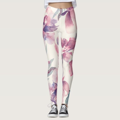 Peonies watercolor seamless floral background leggings