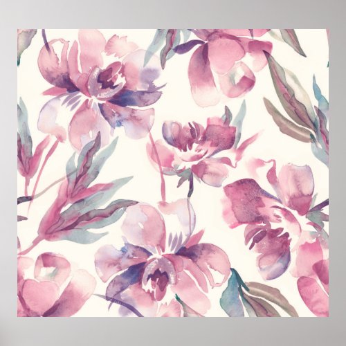 Peonies watercolor seamless floral background poster