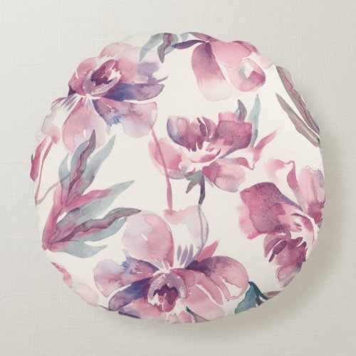 Peonies watercolor seamless floral background round pillow