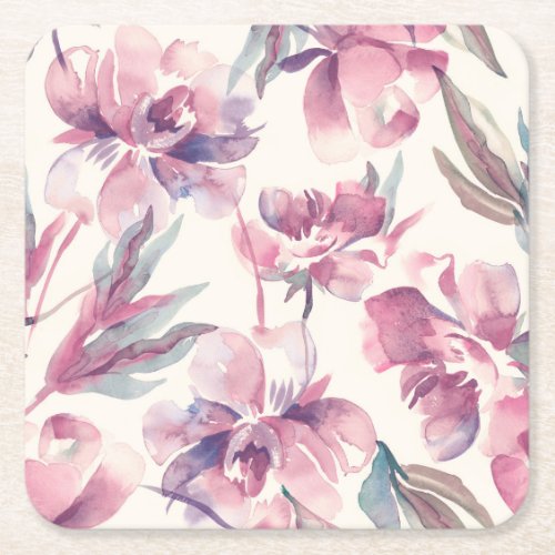 Peonies watercolor seamless floral background square paper coaster