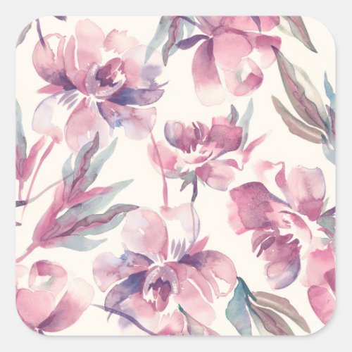 Peonies watercolor seamless floral background square sticker
