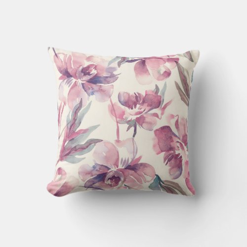 Peonies watercolor seamless floral background throw pillow