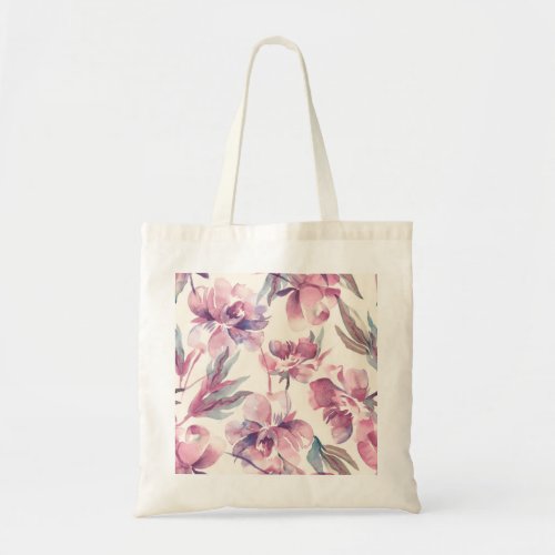 Peonies watercolor seamless floral background tote bag
