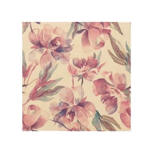 Peonies watercolor seamless floral background wood wall art