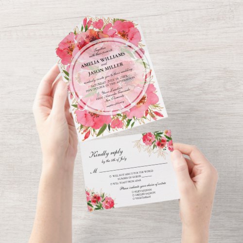 Peonies Watercolor Wedding All In One Invitation