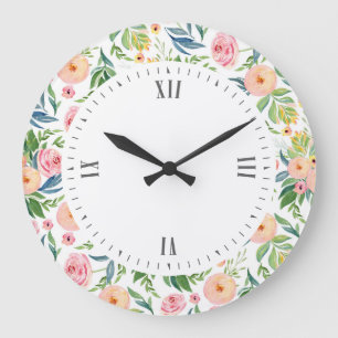 Peonies watercolors illustration pattern large clock