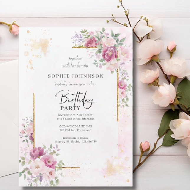 Peonies with gold frame birthday invitation (Creator Uploaded)