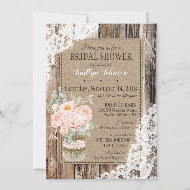 Peonies Wood Lace Rustic Bridal Shower Invitation (Front)
