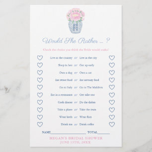 Peonies Would She Rather Bridal Shower Game Card