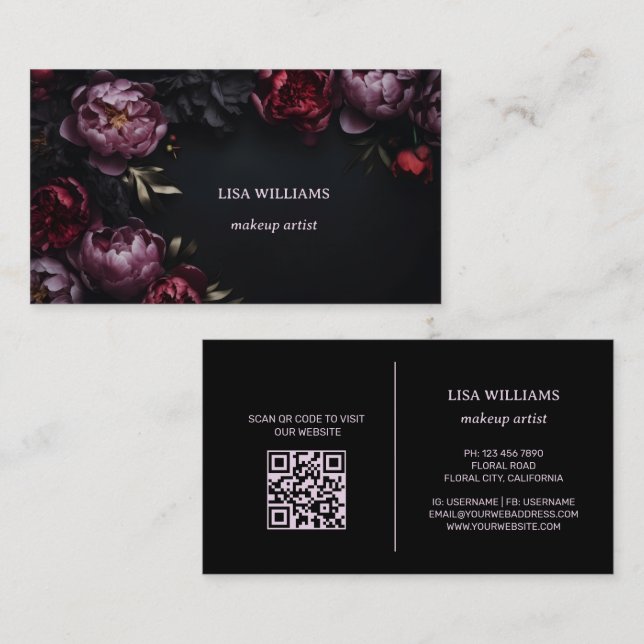  Peony 3D Flowers Dark Moody Black Business Card (Front/Back)