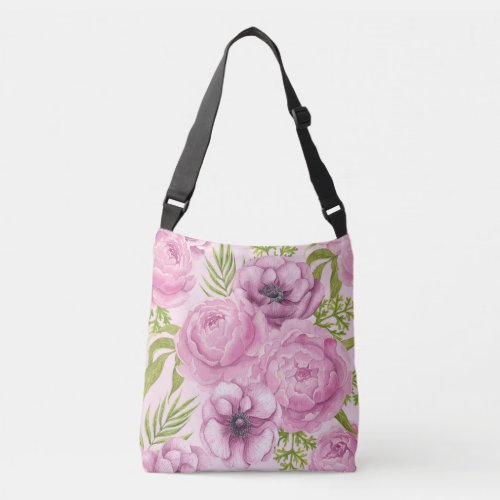 Peony and anemone flowers watercolor crossbody bag