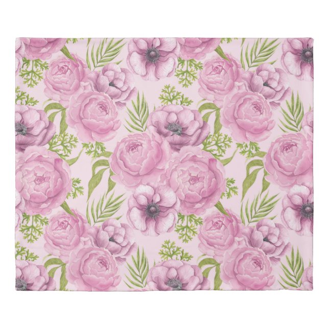 Peony and anemone flowers watercolor duvet cover (Front)