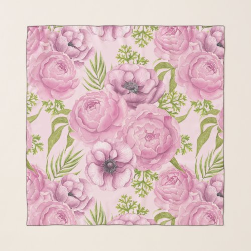 Peony and anemone flowers watercolor scarf