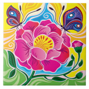Peony and Butterflies Ceramic Tile
