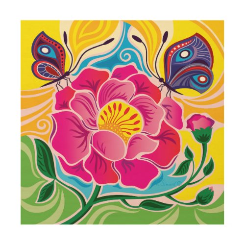 Peony and Butterflies Wood Wall Art