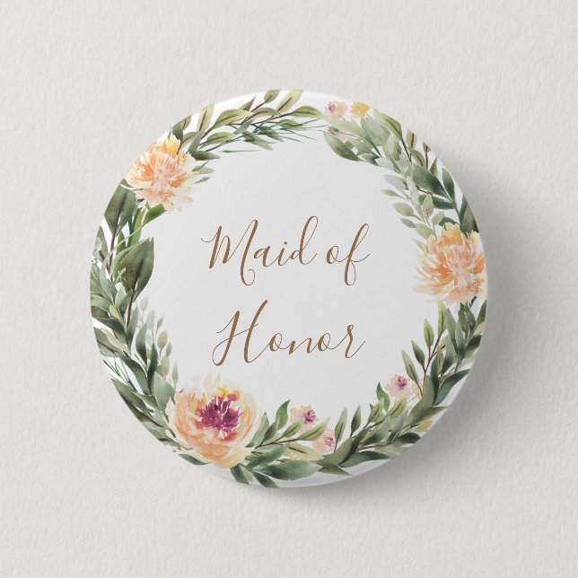 Peony and Foliage Frame Bridesmaid Badge Button (Front)