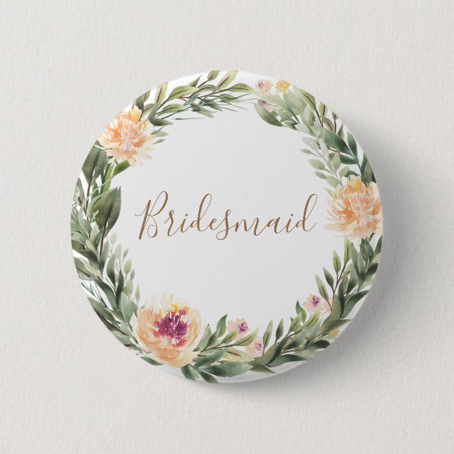 Peony and Foliage Frame Bridesmaid Badge Button (Front)