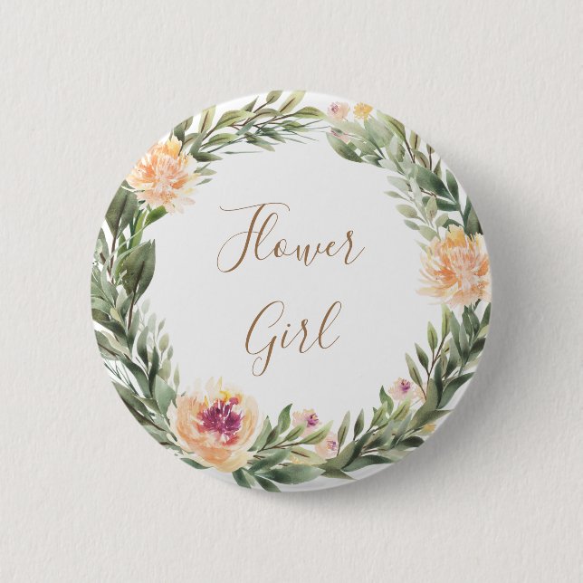 Peony and Foliage Frame Flower Girl Badge Button (Front)