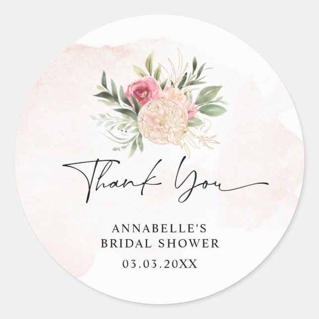 Peony and Gold Bloom Bridal Baby Shower Sticker (Front)