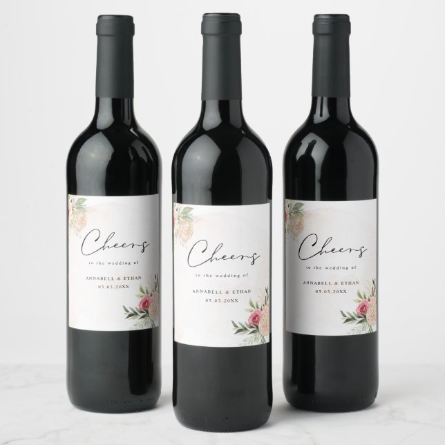 Peony and Gold Bloom Cheers Wedding Wine Label (Bottles)