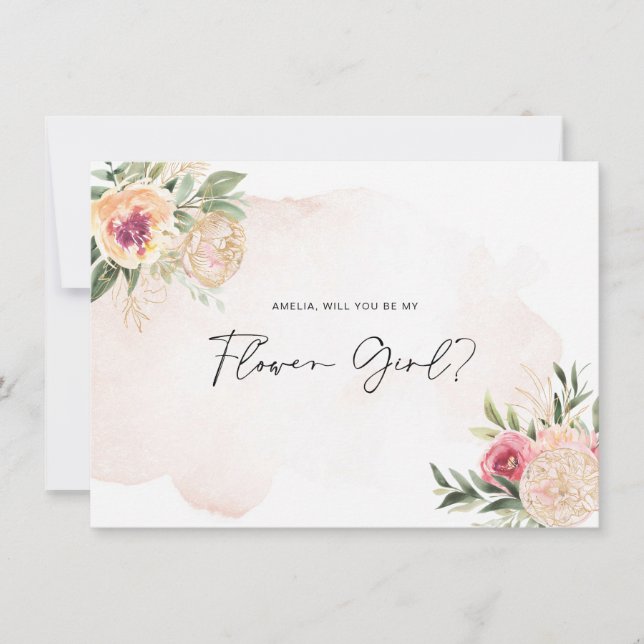Peony and Gold Bloom Flower Girl Flat Card (Front)