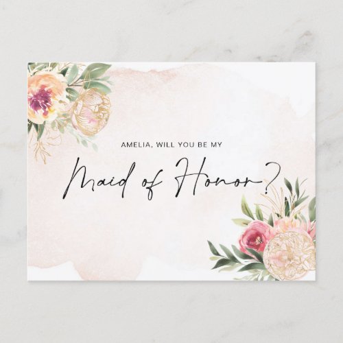 Peony and Gold Bloom Maid of Honor Post Card