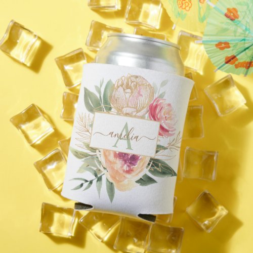 Peony and Gold Bloom Monogram Name  Can Cooler