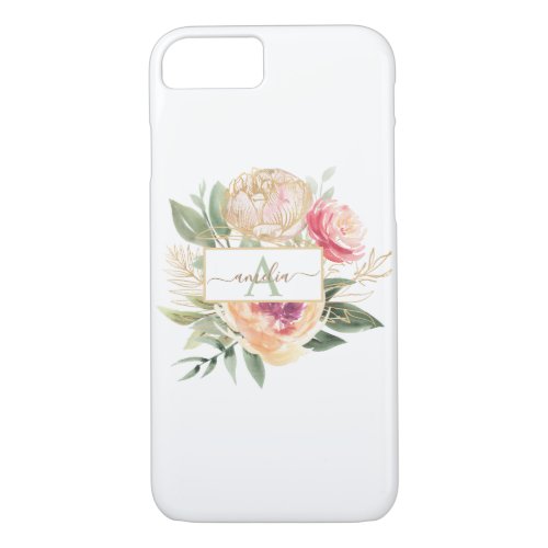 Peony and Gold Bloom Monogram Name iPhone 87 Case