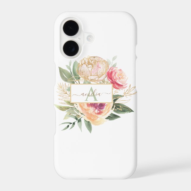 Peony and Gold Bloom Monogram Name Iphone Case (Back)
