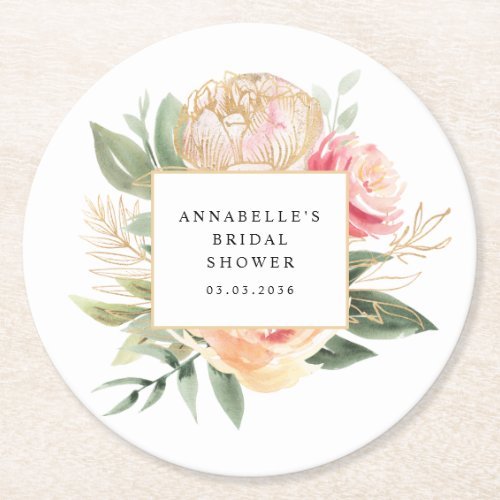 Peony and Gold Flowers Bridal Shower Coaster