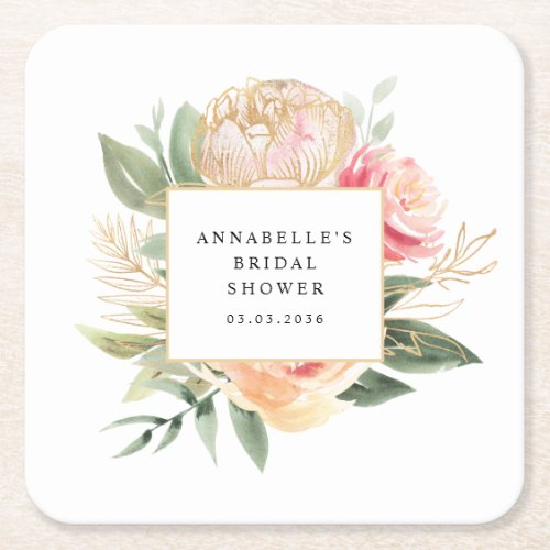 Peony and Gold Flowers Bridal Shower Coaster