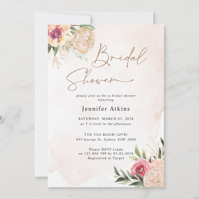 Peony and Gold Flowers Bridal Shower Invitation (Front)