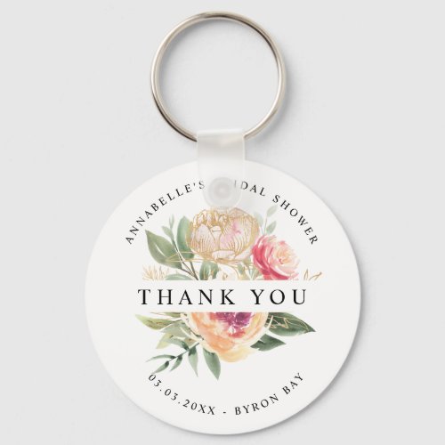 Peony and Gold Flowers Bridal Shower Key Ring