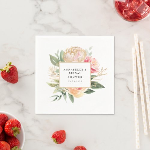Peony and Gold Flowers Bridal Shower Napkin