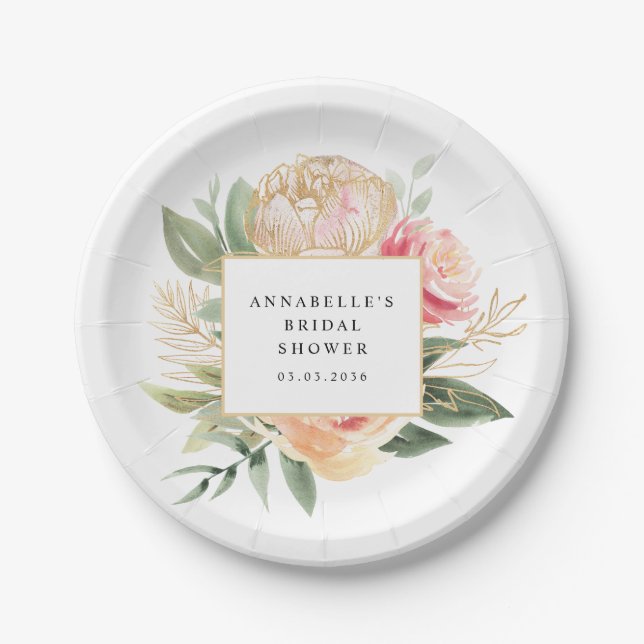 Peony and Gold Flowers Bridal Shower  Paper Plates (Front)