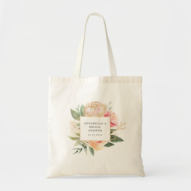 Peony and Gold Flowers Bridal Shower Tote (Front)