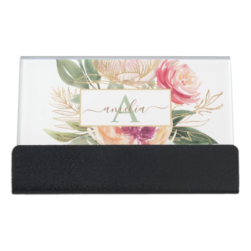 Peony and Gold Flowers Monogram Name Desk Business Card Holder