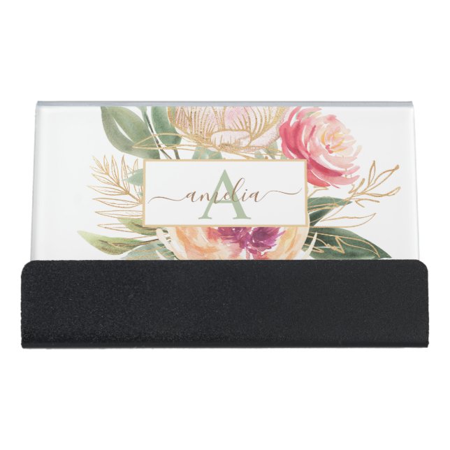 Peony and Gold Flowers Monogram Name Desk Business Card Holder (Front)