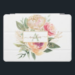 Peony and Gold Flowers Monogram Name iPad Pro Cover<br><div class="desc">Designed to coordinate with our Peony and Gold collection, this customizable matching monogram iPad cover features luscious pink and gold peony flowers with green foliage with classic lettering. For more advanced customization of this design, please click the "CUSTOMIZE" button above. Please note, gold foil is a printed effect and not...</div>