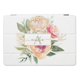 Peony and Gold Flowers Monogram Name iPad Pro Cover
