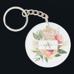 Peony and Gold Flowers Monogram Name Keychain<br><div class="desc">Designed to coordinate with our Peony and Gold Bloom Monogram collection, this customizable matching key ring features luscious pink and gold peony flowers with green foliage. For more advanced customization of this design, please click the "CUSTOMIZE" button above. Please note, gold foil is a printed effect and not physical foil....</div>