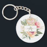 Peony and Gold Flowers Monogram Name Keychain<br><div class="desc">Designed to coordinate with our Peony and Gold Bloom Monogram collection, this customizable matching key ring features luscious pink and gold peony flowers with green foliage. For more advanced customization of this design, please click the "CUSTOMIZE" button above. Please note, gold foil is a printed effect and not physical foil....</div>