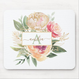 Peony and Gold Flowers Monogram Name Mouse Pad