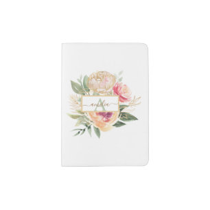 Peony and Gold Flowers Monogram Name Passport Holder